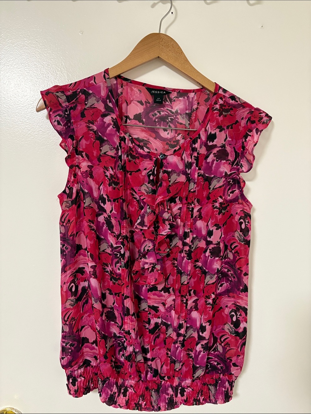 Jessica Pink & Magenta Floral Ruffle Cap-Sleeve Blouse
